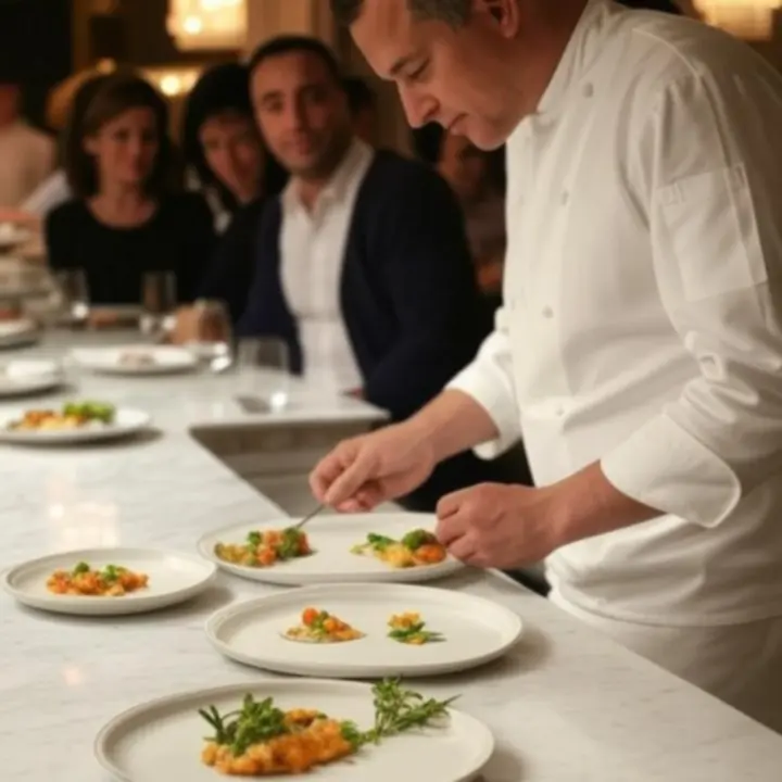 Intimate chef's table with gourmet plates and wine pairings at LuxVille.