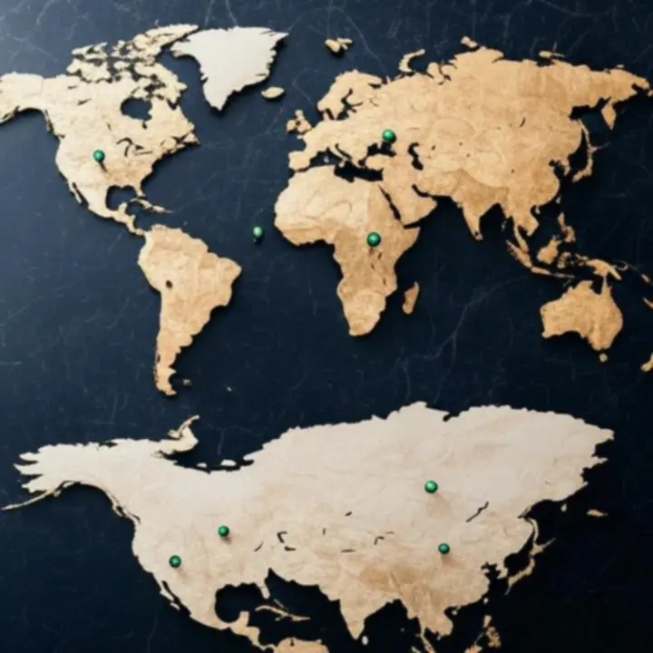 Glowing world map highlighting LuxVille properties in the USA, Australia, Saudi Arabia, and Asia