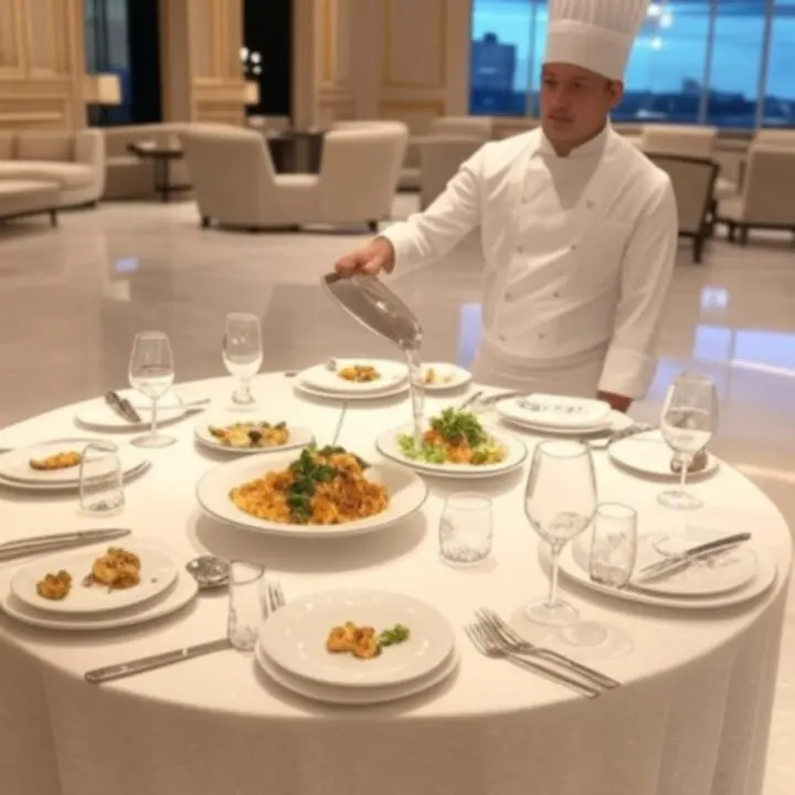 Gourmet dining offer at LuxVille with elegantly plated dishes and ambient lighting