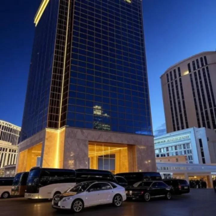 Exterior of LuxVille Las Vegas casino hotel against the Las Vegas Strip skyline