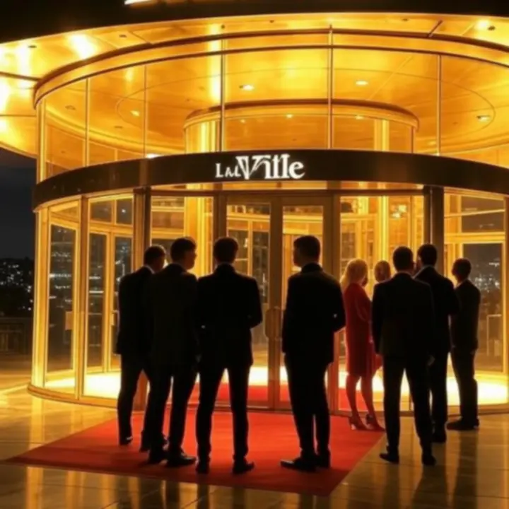 LuxVille casino floor at night with golden lighting and promotional ambiance