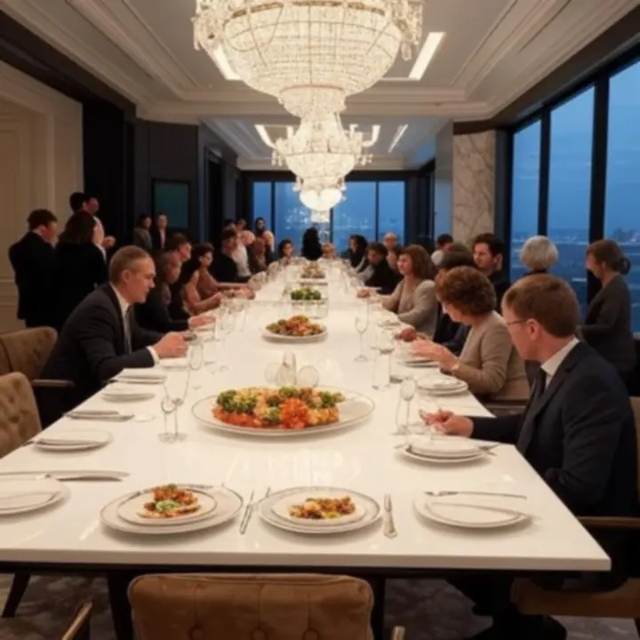 Cinematic view of a LuxVille luxury dining hall with softly lit tables and golden accents.