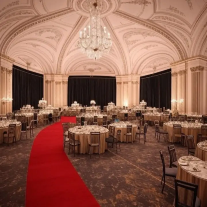 LuxVille grand ballroom prepared for a gala event with cinematic lighting
