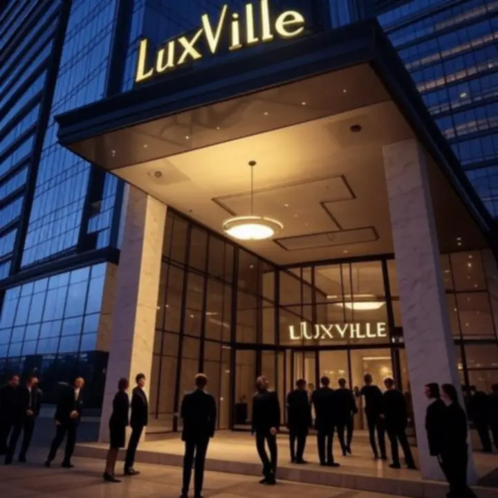 LuxVille casino hotel exterior with cinematic night lighting