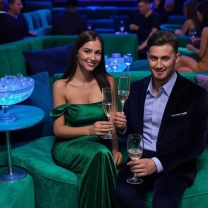 Cinematic view inside a LuxVille nightclub with refined lighting and guests enjoying the night