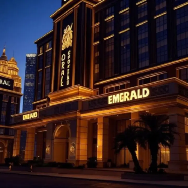 Cinematic collage of LuxVille casino hotel exteriors and interiors