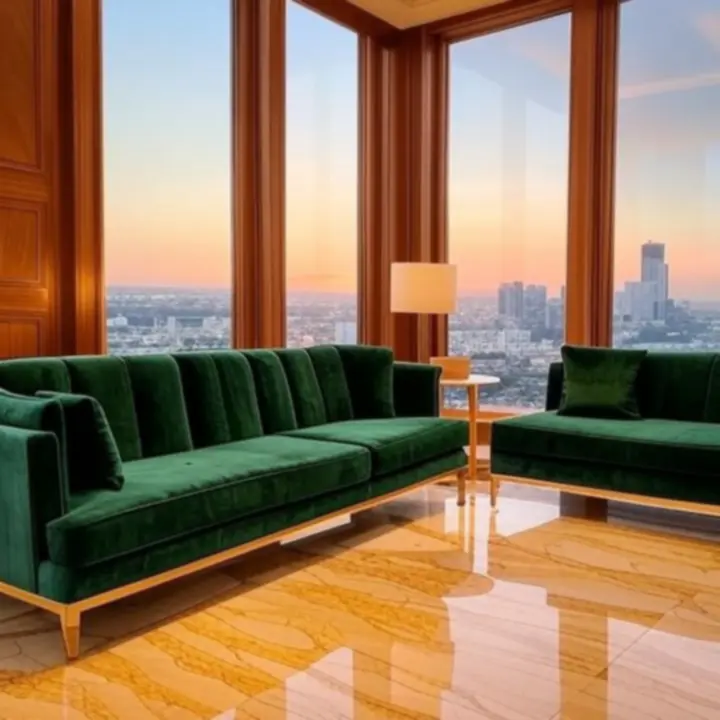 LuxVille signature suite interior with marble finishes and panoramic city views